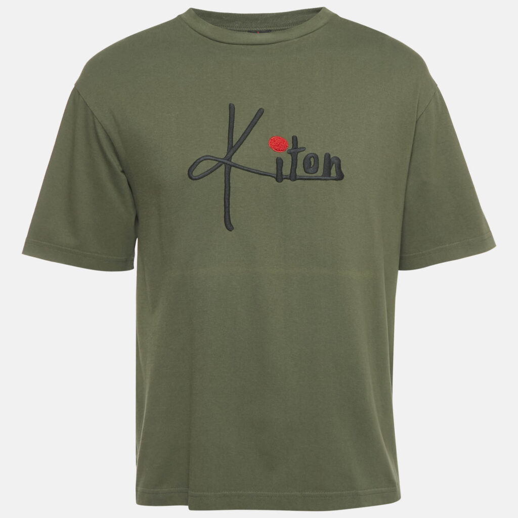 Kiton Olive Green Logo Embroidered Crewneck T-Shirt S Kiton Olive Green Logo Embroidered Crewneck T-Shirt S
