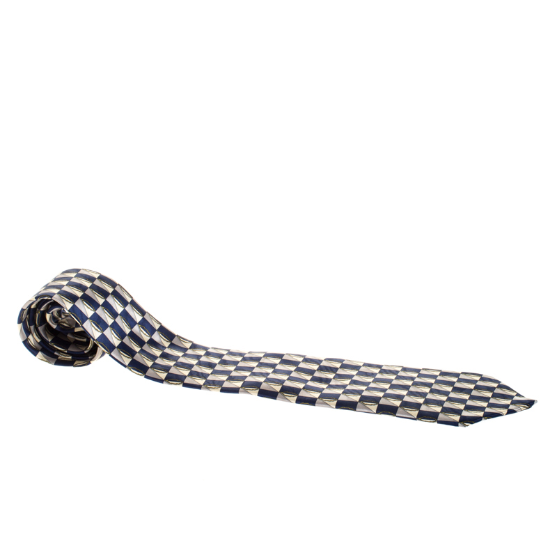 Lanvin Blue Checkered Leaf Print Silk Tie Lanvin Blue Checkered Leaf Print Silk Tie