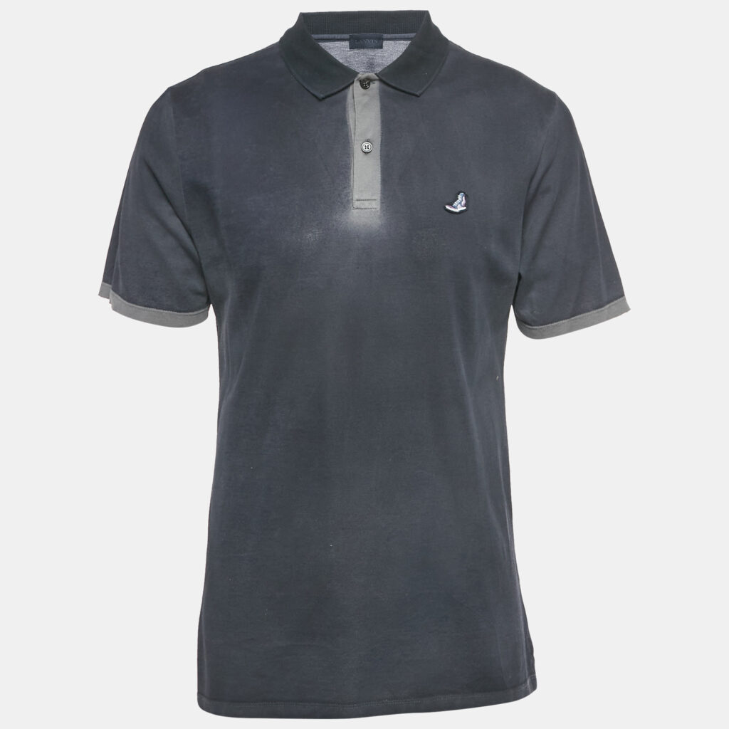 Lanvin Navy Blue Embroidered Cotton Distressed Polo T-Shirt XL