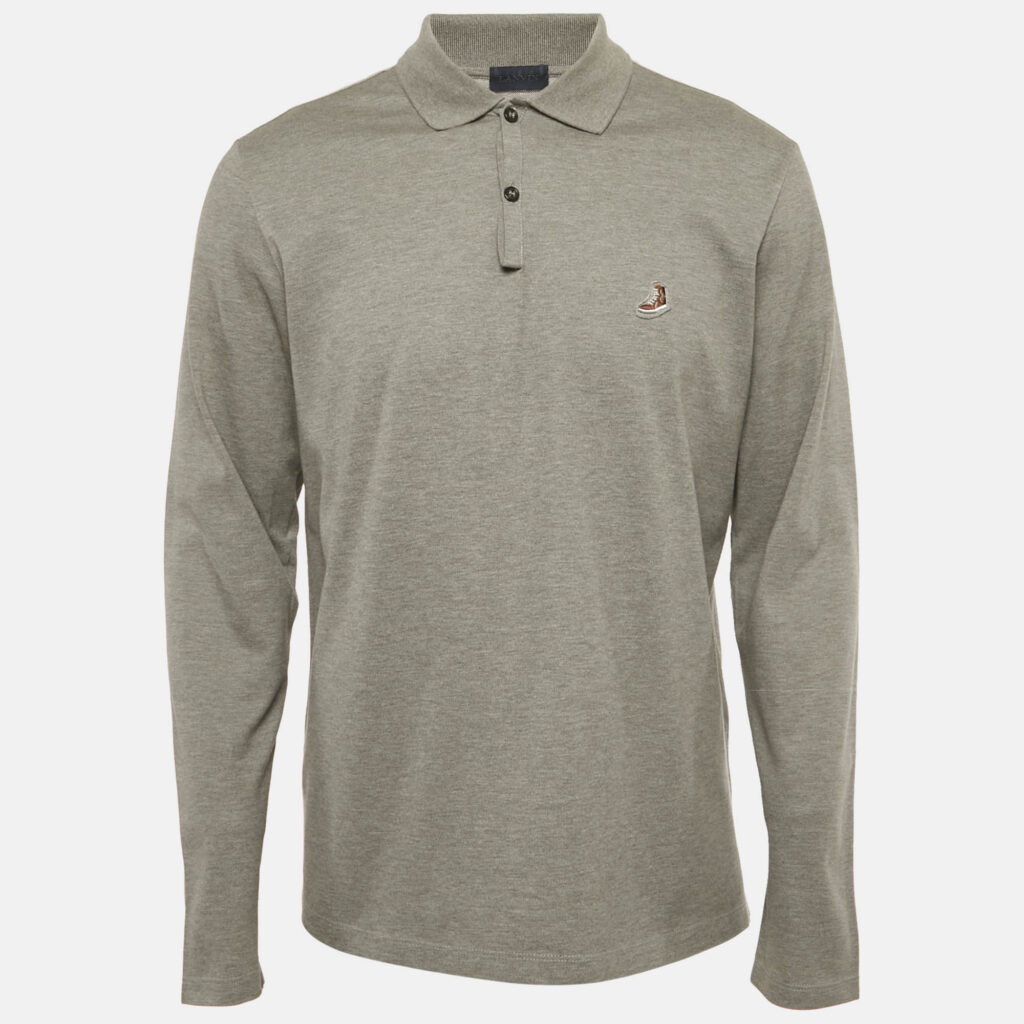 Lanvin Grey Cotton Patch Detail Full Sleeve Polo T-Shirt M Lanvin Grey Cotton Patch Detail Full Sleeve Polo T-Shirt M