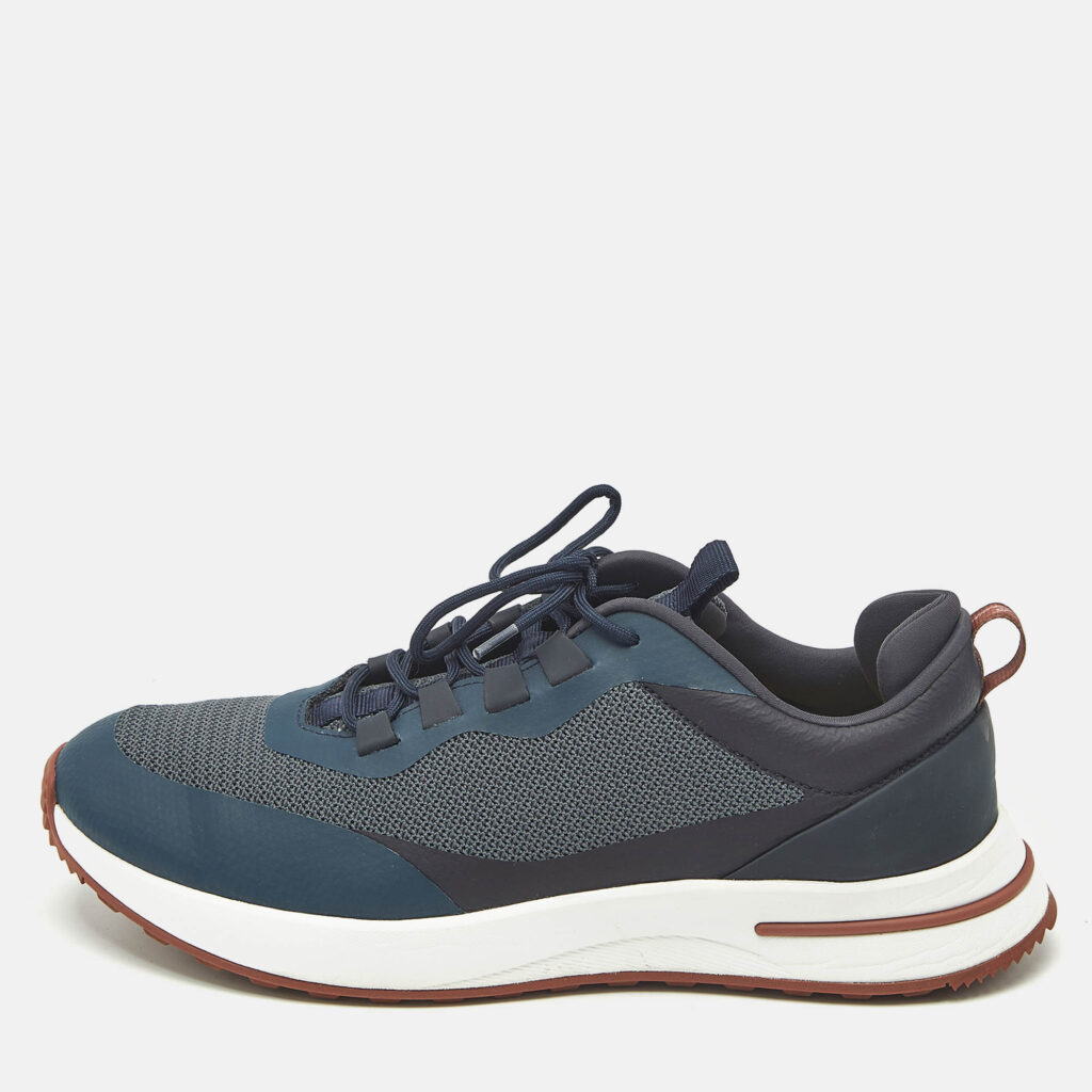 Loro Piana Navy Blue Knit Fabric and Leather Week End Walk Lace Up Sneakers Size 42 Loro Piana Navy Blue Knit Fabric and Leather Week End Walk Lace Up Sneakers Size 42