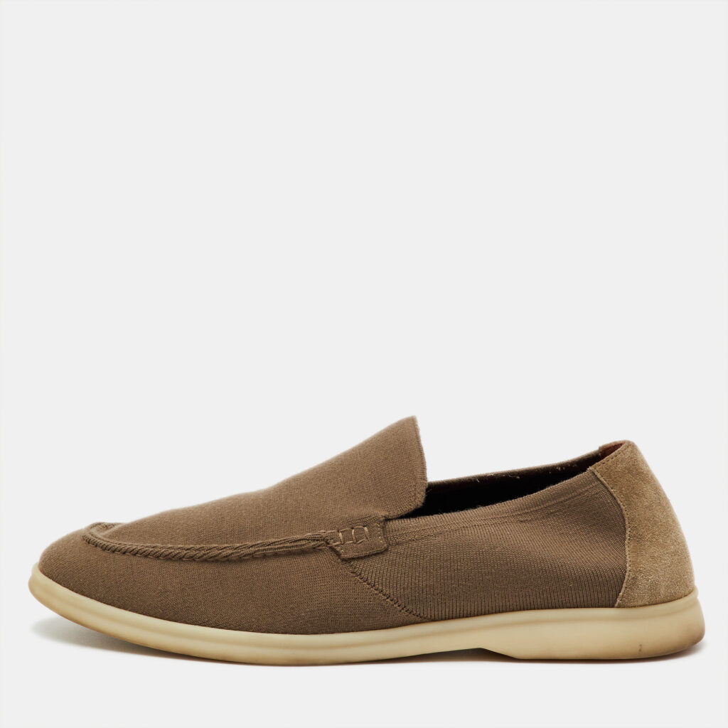 Loro Piana Khaki Brown Knit Fabric and Suede Open Walk Slip On Loafers Size 42 Loro Piana Khaki Brown Knit Fabric and Suede Open Walk Slip On Loafers Size 42
