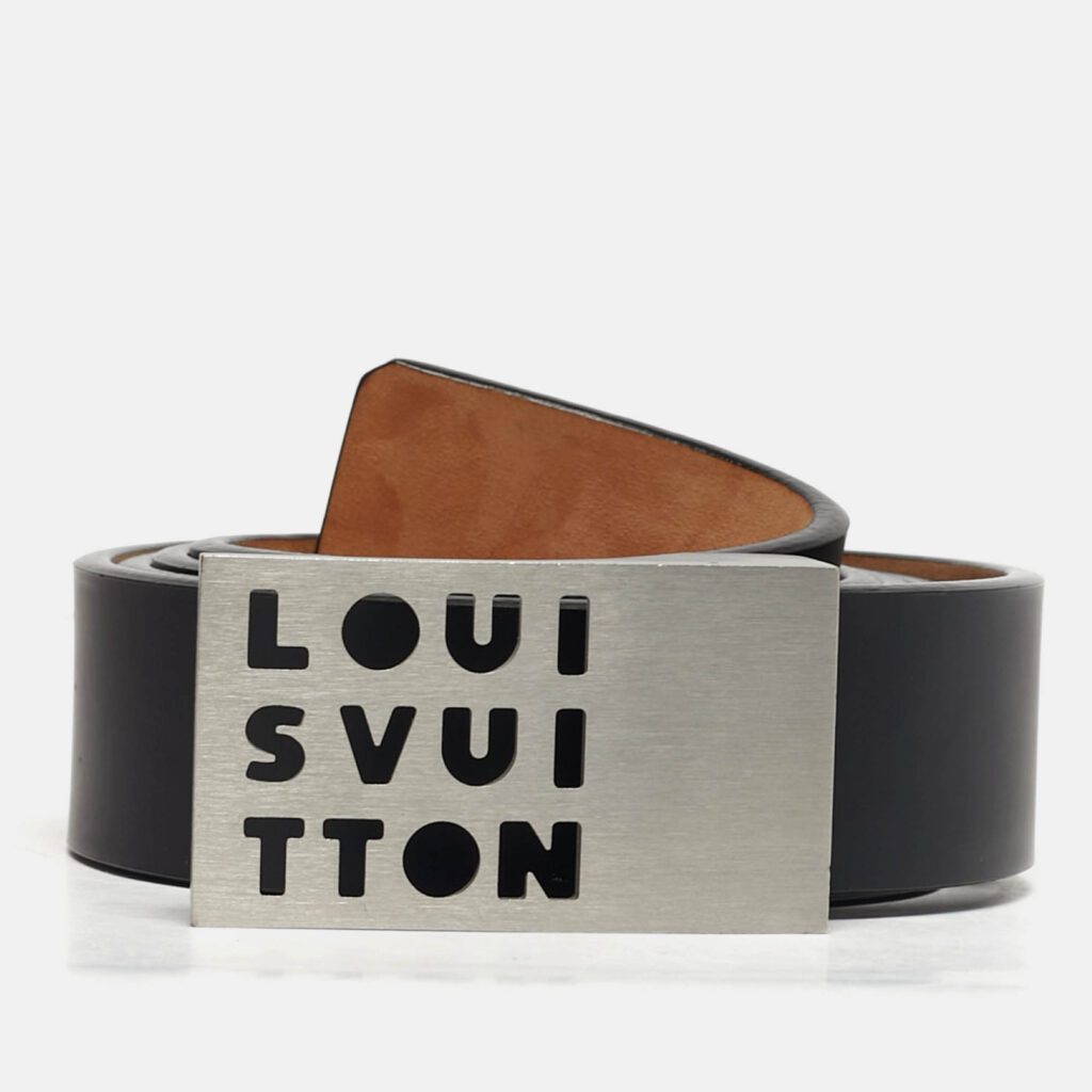 Louis Vuitton Black Leather Logo Cut Out Buckle Belt 110 CM