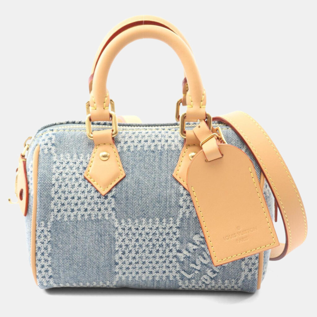 Louis Vuitton Speedy Bandouliere 18 Blue Brown Damier Denim Leather Top Handle Bag Louis Vuitton Speedy Bandouliere 18 Blue Brown Damier Denim Leather Top Handle Bag