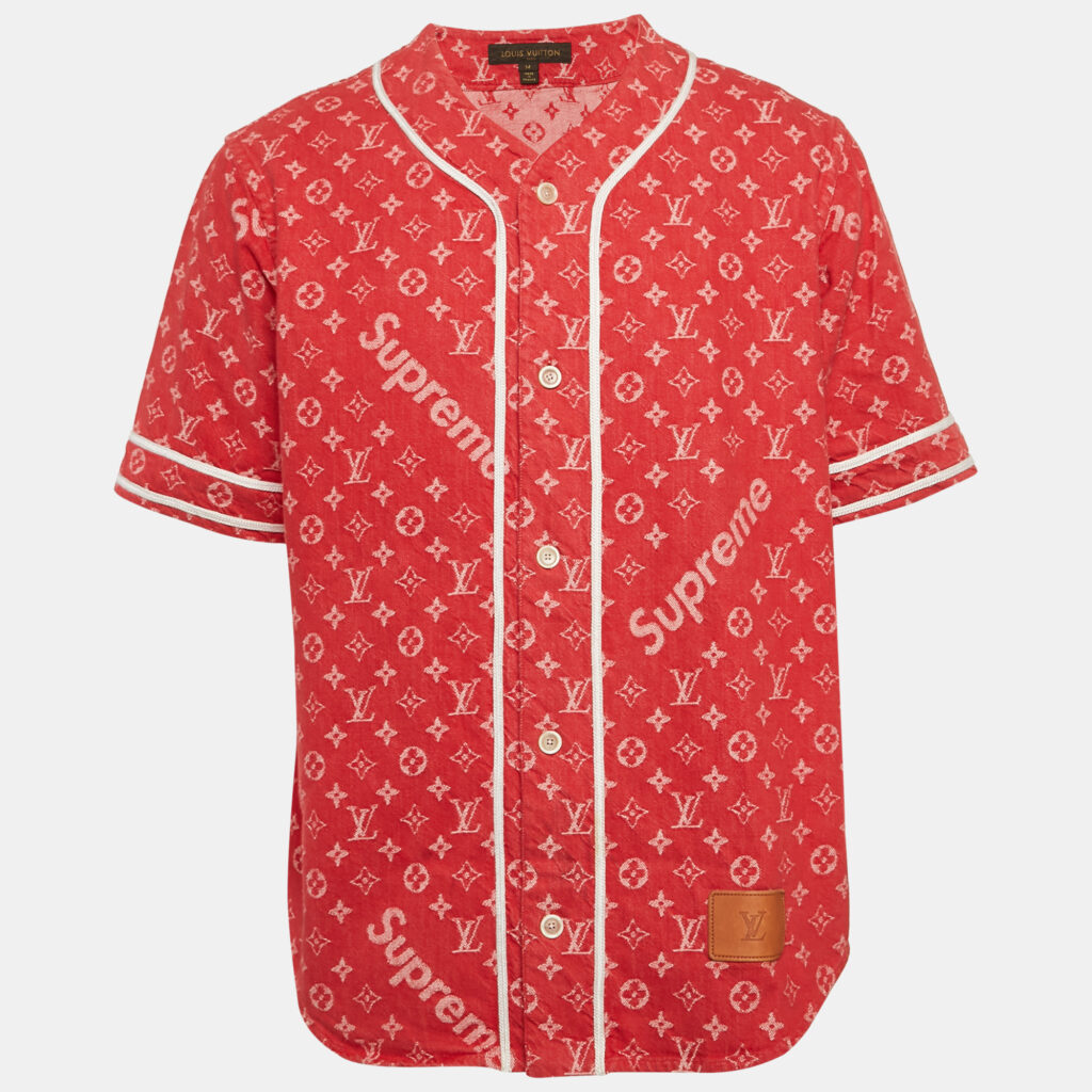 Louis Vuitton x Supreme Red Monogram Denim Baseball Shirt M