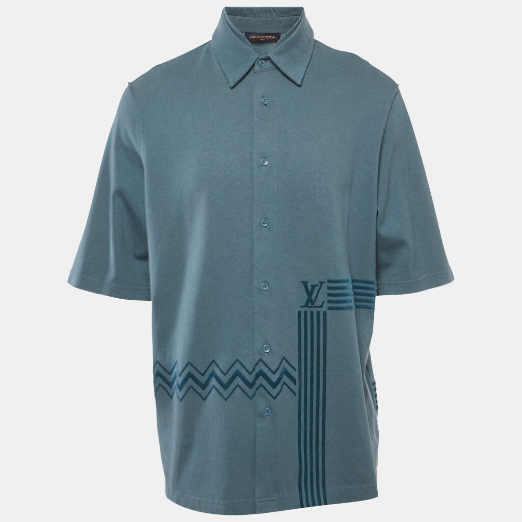 Louis Vuitton Blue Flock Print Cotton Knit Button Front Shirt M