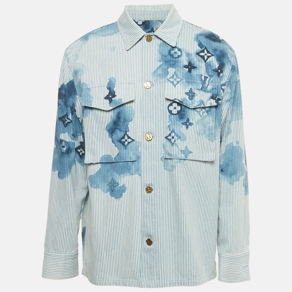 Louis Vuitton Blue Monogram & Watercolor Print Denim Oversized Shirt M Louis Vuitton Blue Monogram & Watercolor Print Denim Oversized Shirt M