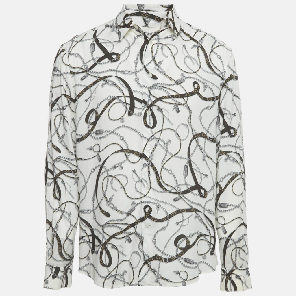 Louis Vuitton White Chain and Belt Print Crepe Regular Fit Shirt M