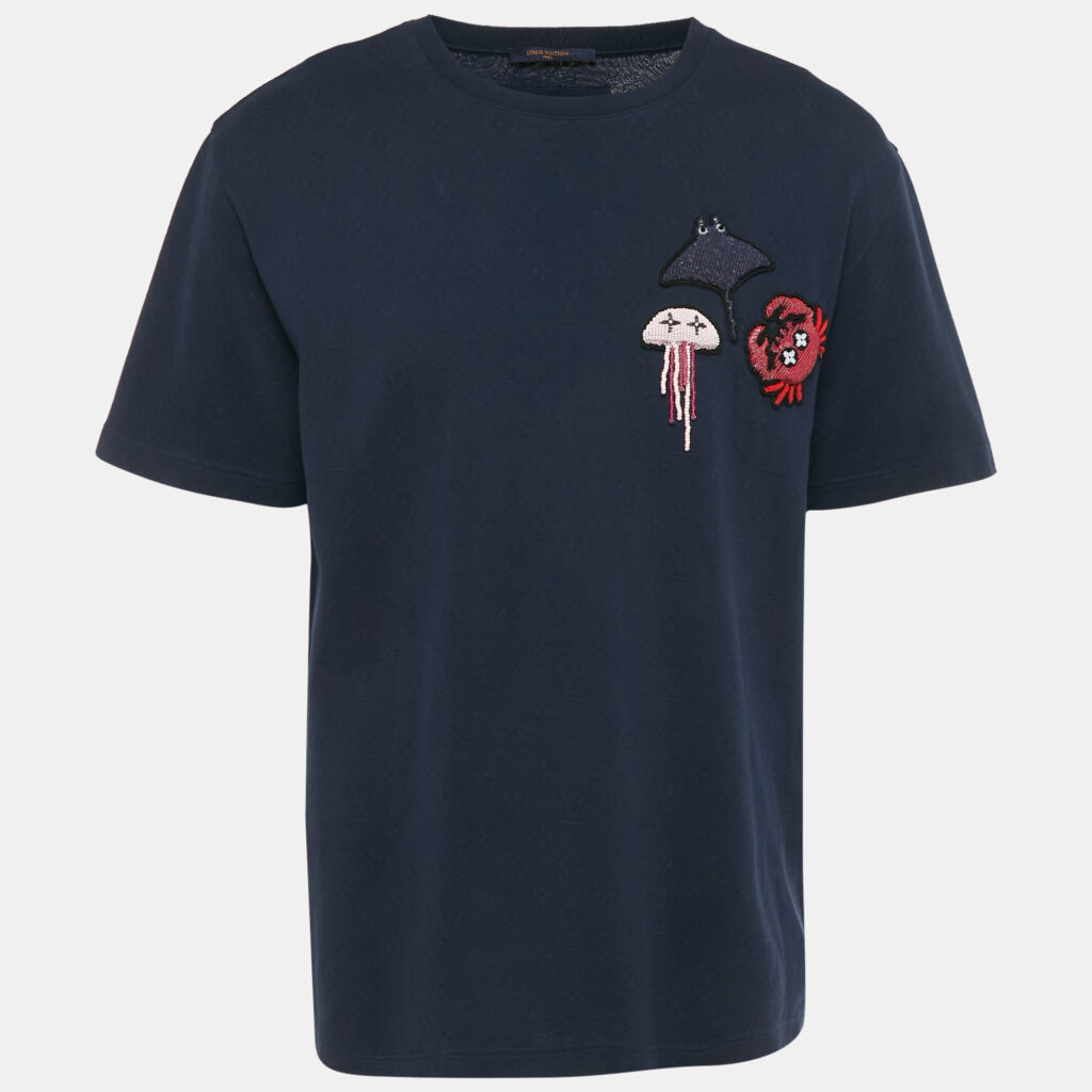 Louis Vuitton Navy Blue Monogram Jersey Ocean Beaded T-Shirt L Louis Vuitton Navy Blue Monogram Jersey Ocean Beaded T-Shirt L