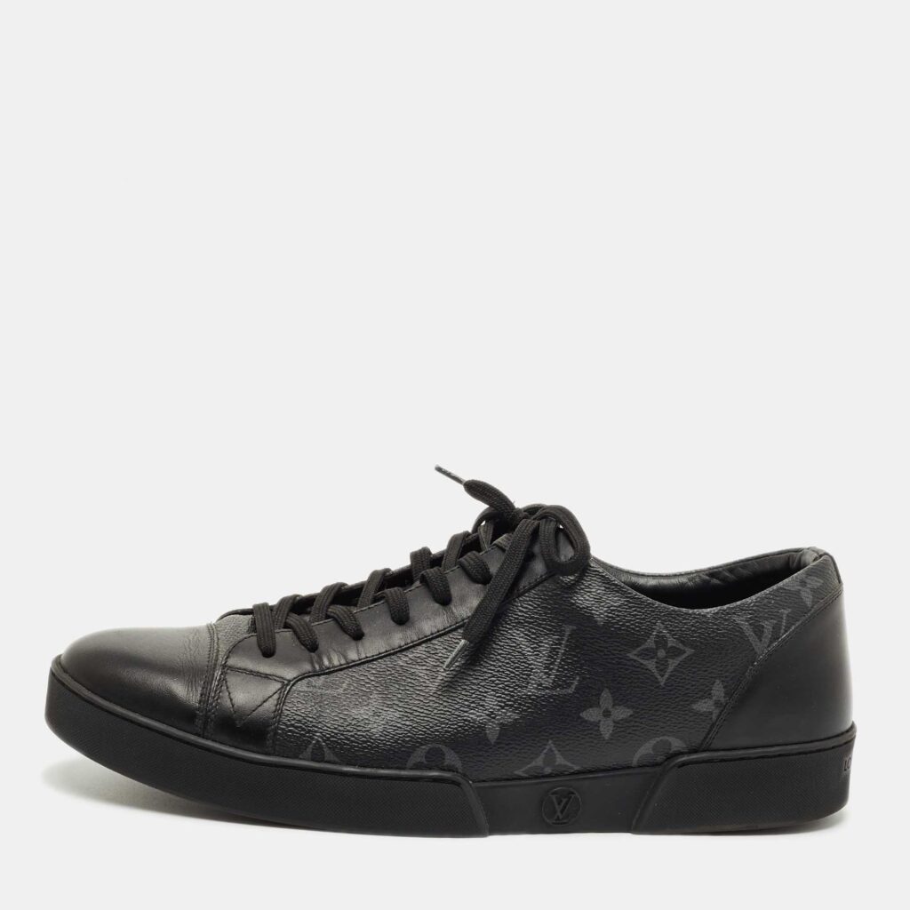 Louis Vuitton Black/Grey Leather and Monogram Coated Canvas Match Up Sneakers Size 43