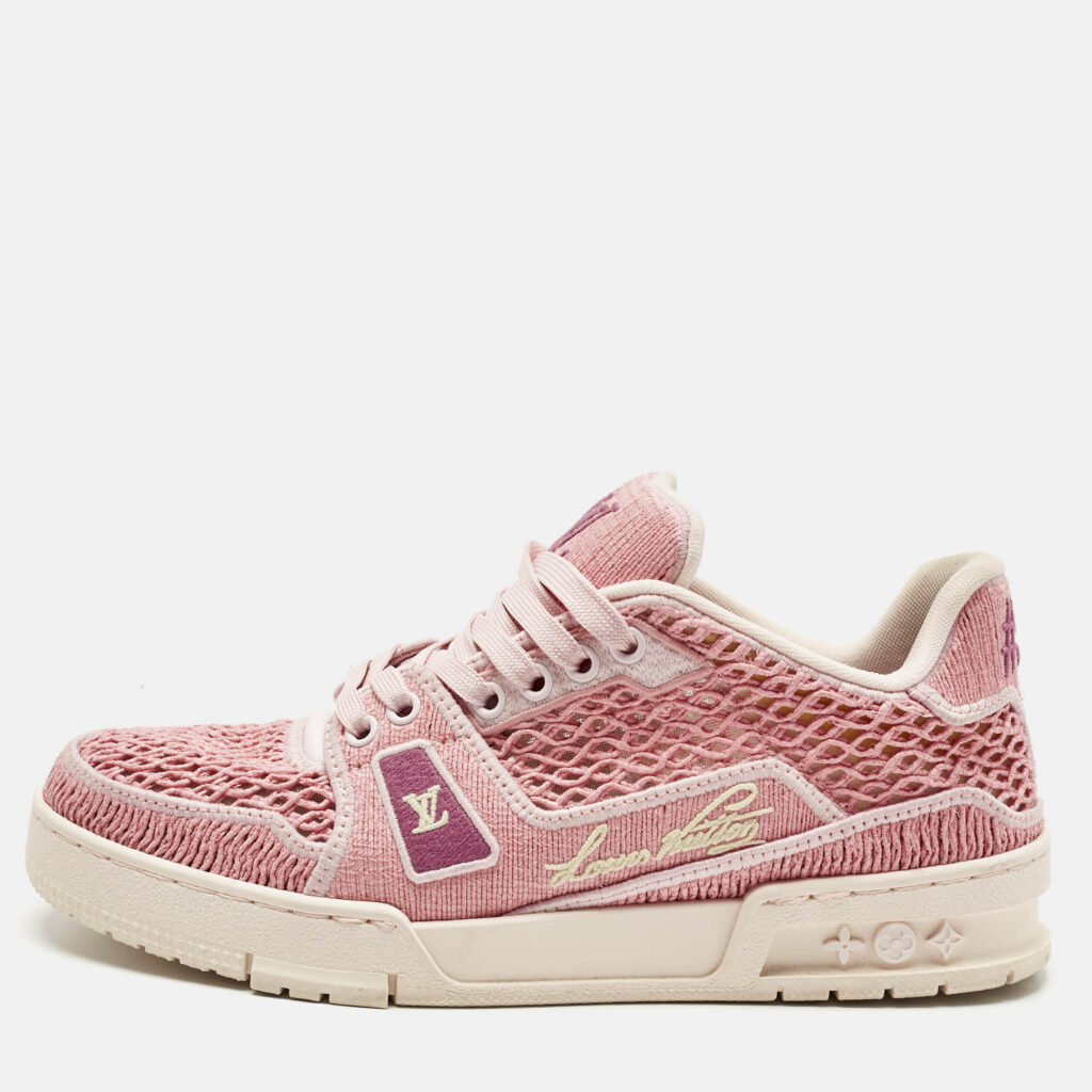 Louis Vuitton Pink Knit Fabric and Raffia LV Trainer Lace Up Sneakers Size 40 Louis Vuitton Pink Knit Fabric and Raffia LV Trainer Lace Up Sneakers Size 40