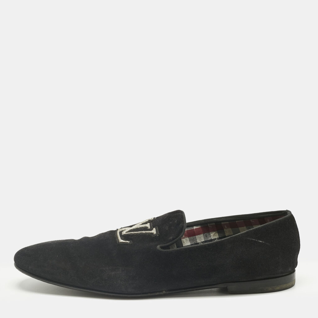 Louis Vuitton Black Suede LV Logo Embroidered Smoking Slippers Size 46 Louis Vuitton Black Suede LV Logo Embroidered Smoking Slippers Size 46
