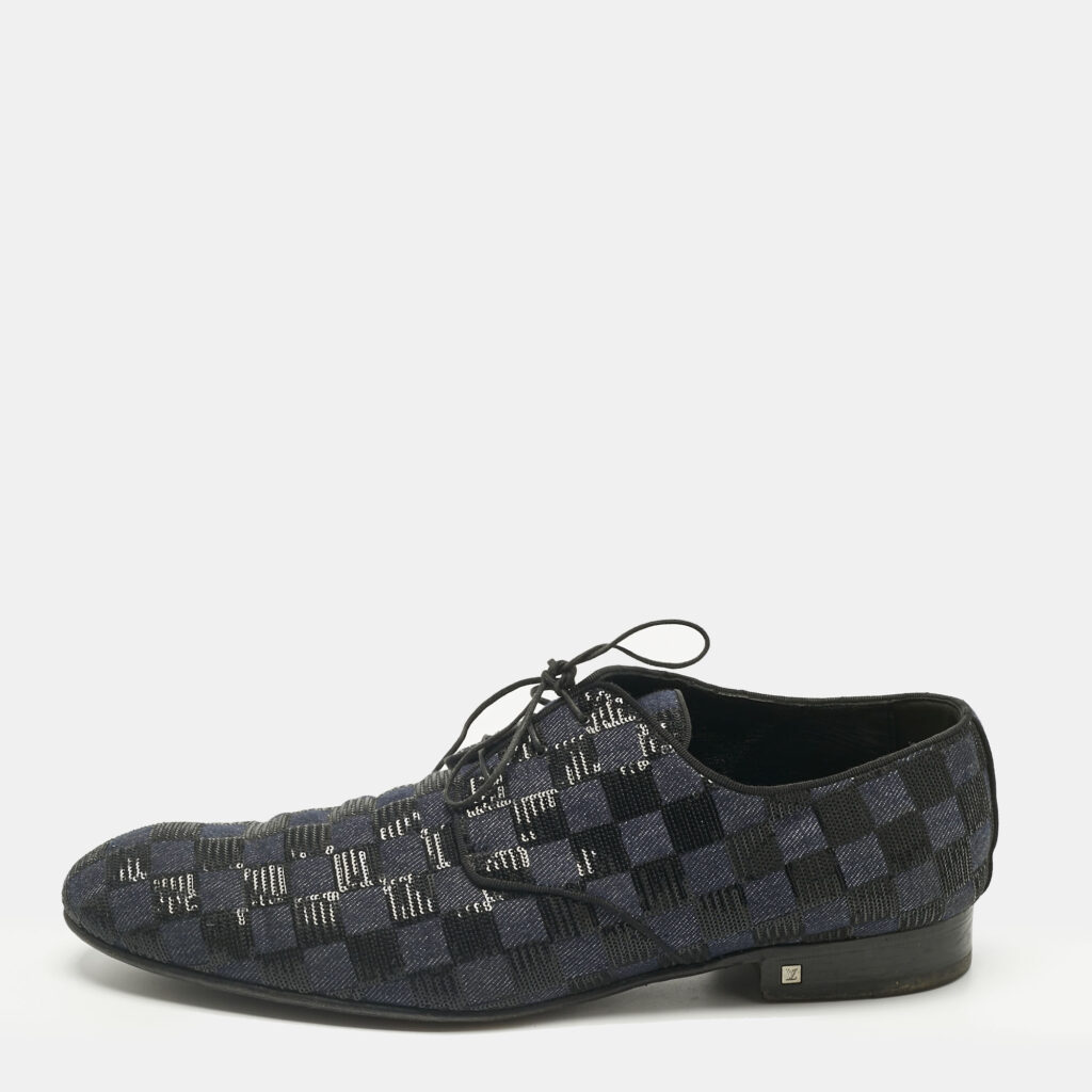 Louis Vuitton Blue/Black Denim and Sequins Damier Lace Up Derby Size 45 Louis Vuitton Blue/Black Denim and Sequins Damier Lace Up Derby Size 45