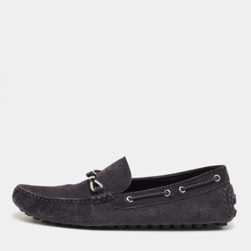 Louis Vuitton Navy Blue Suede Bow Slip On Loafers Size 42