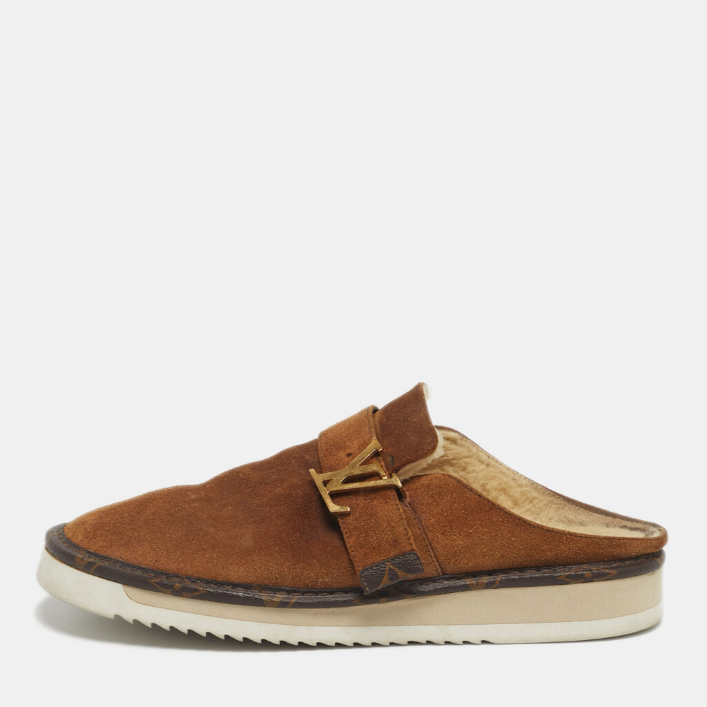 Louis Vuitton Brown Suede Shearling Fur Easy Mules Size 42