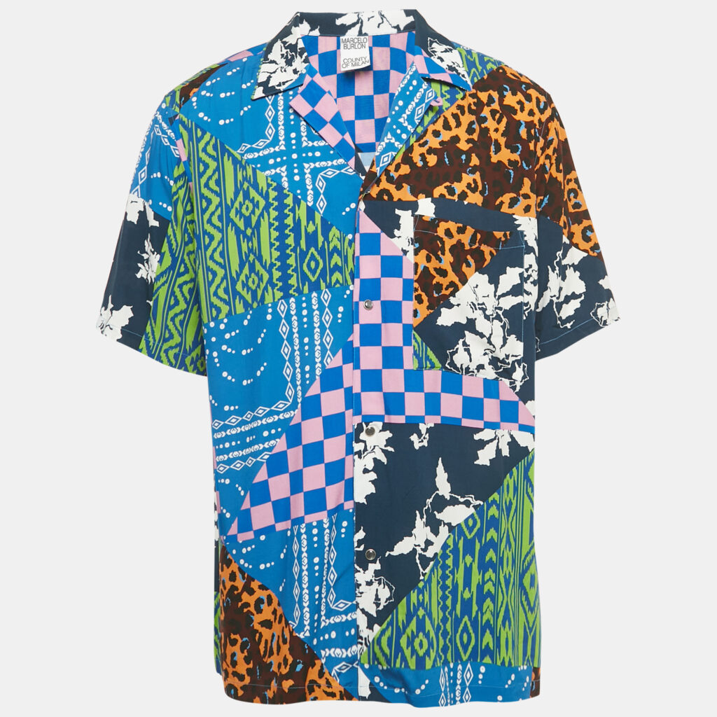Marcelo Burlon Multicolor Printed Viscose Button Front Shirt L Marcelo Burlon Multicolor Printed Viscose Button Front Shirt L