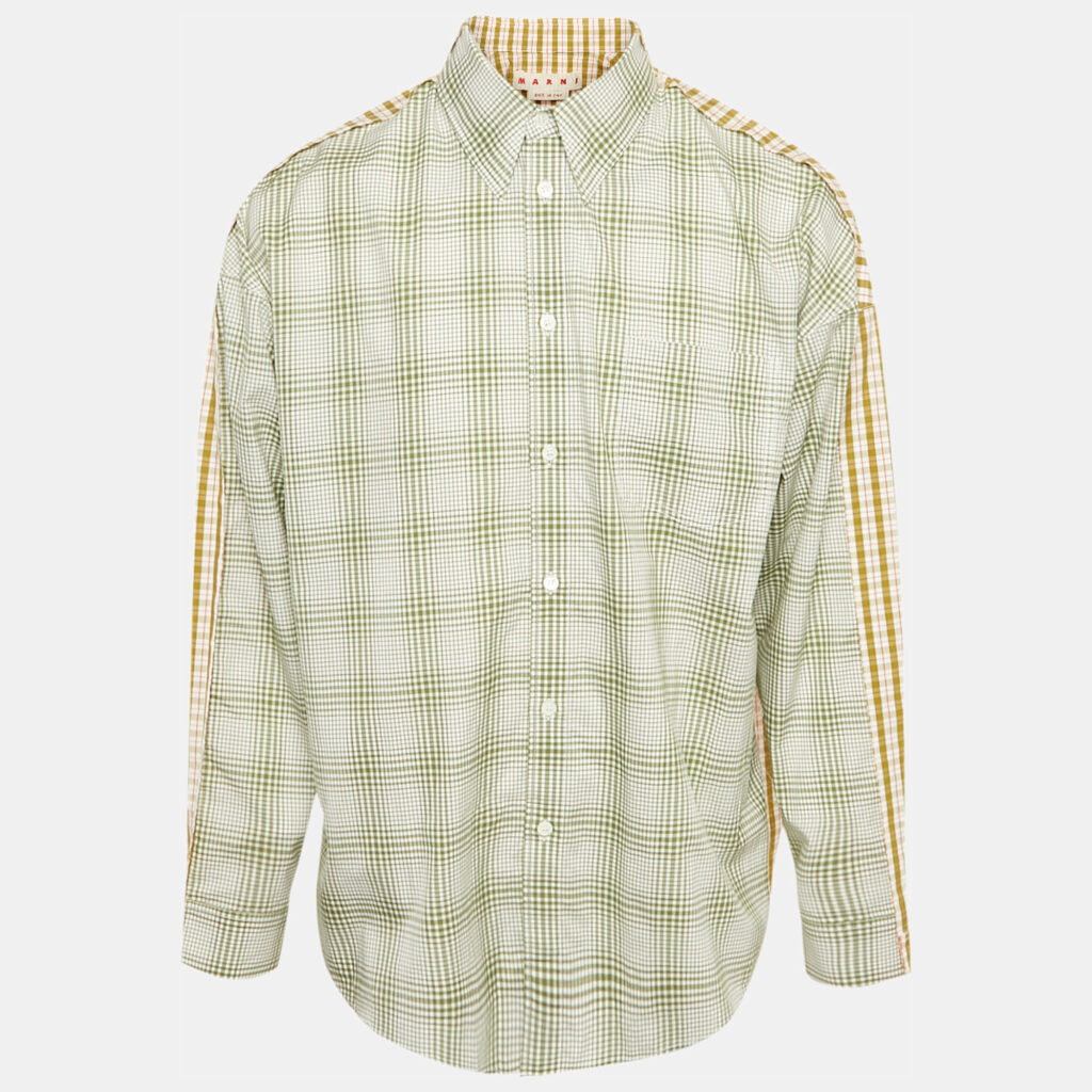 Marni Green/Yellow Checked Cotton Raw Edge Detail Oversized Shirt M