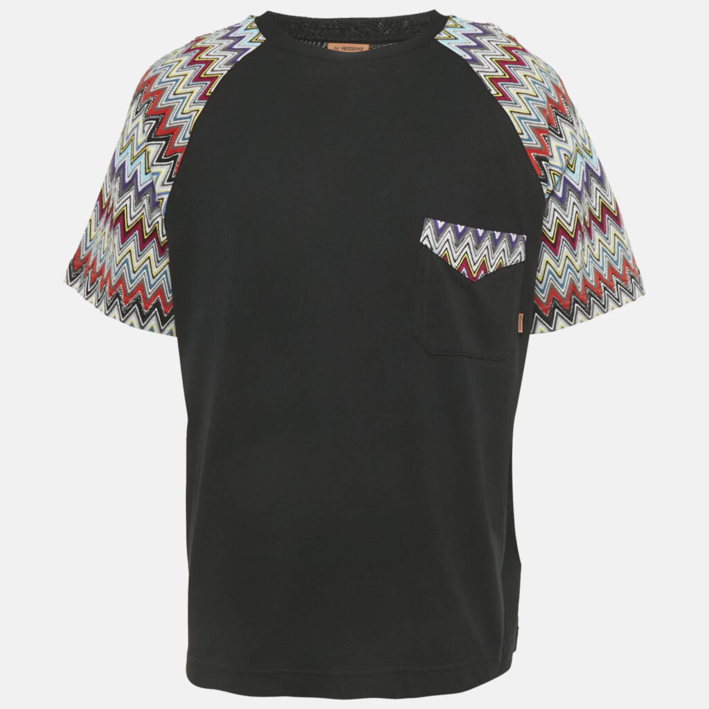 Missoni Black Zig Zag Knit Inserts Cotton Crewneck T-Shirt M Missoni Black Zig Zag Knit Inserts Cotton Crewneck T-Shirt M