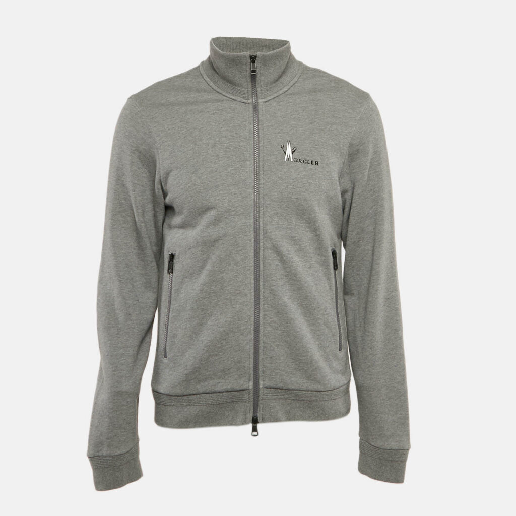 Moncler Grey Logo Print Cotton Knit Zip-Up Jacket M
