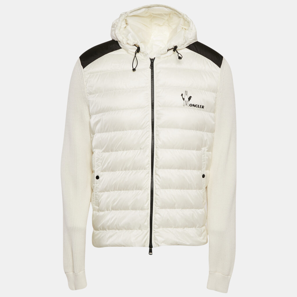 Moncler White Logo Print Cotton Knit and Quilted Nylon Down Jacket L