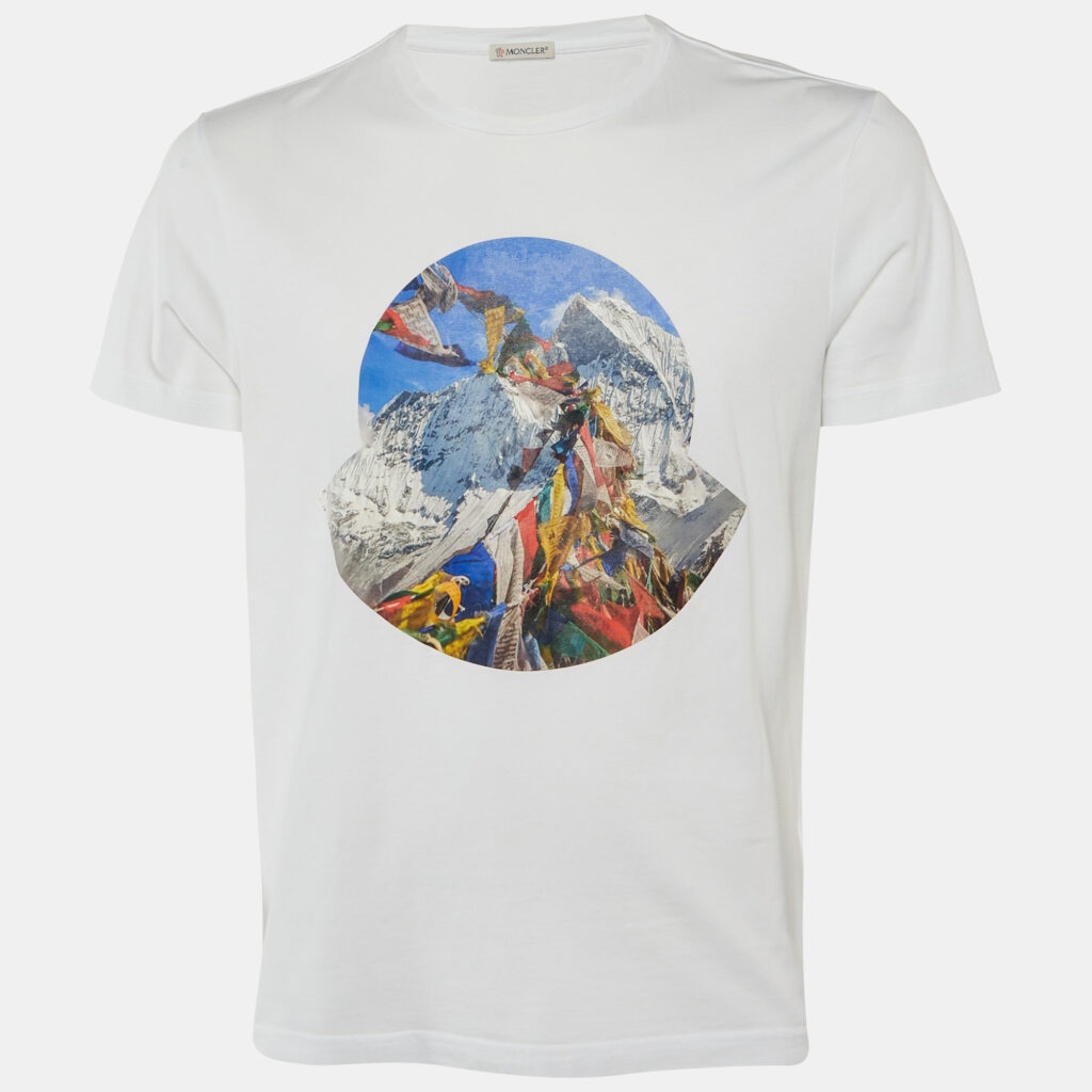 Moncler White Tibetan Flags Print Cotton Crew Neck T-Shirt L Moncler White Tibetan Flags Print Cotton Crew Neck T-Shirt L