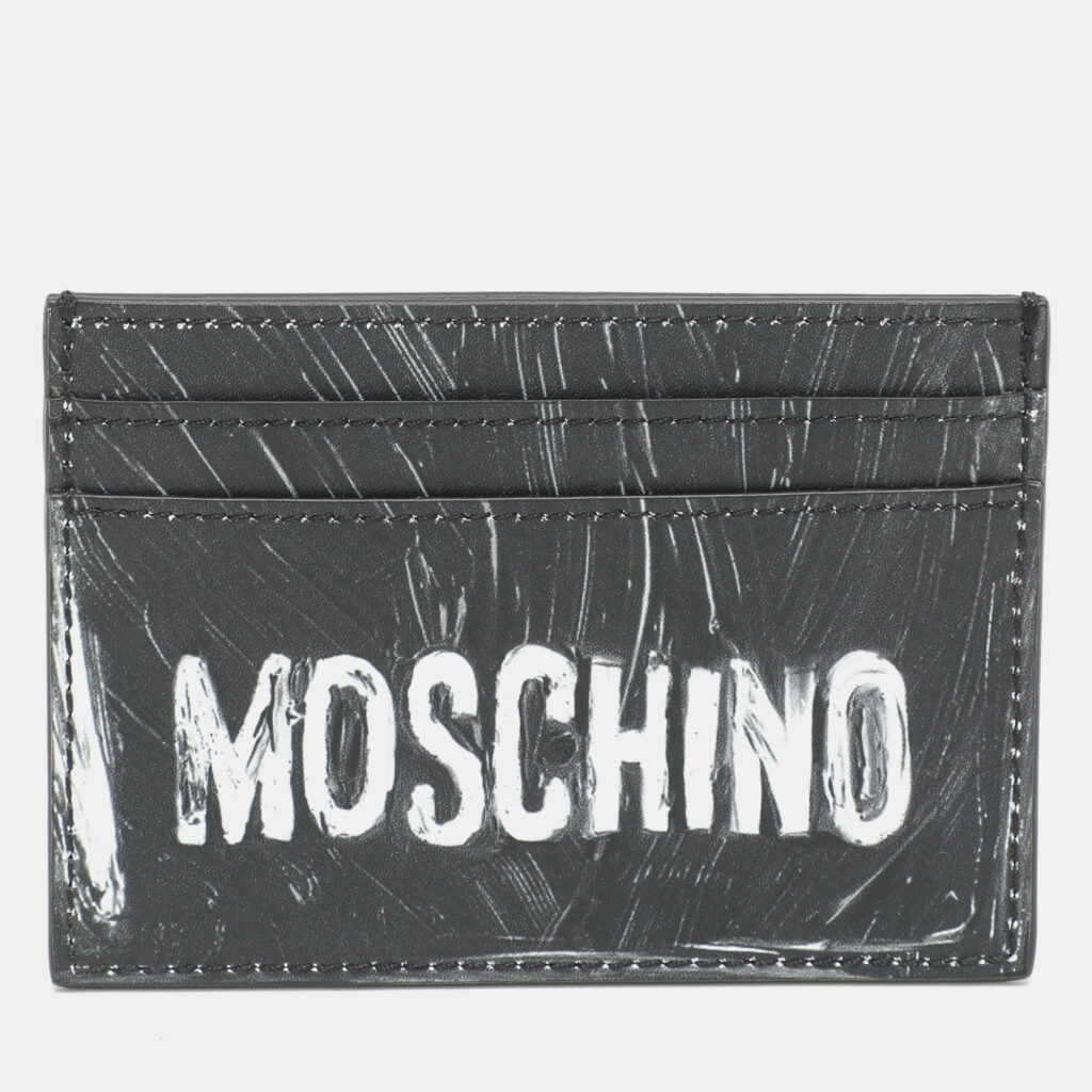 Moschino Grey Leather Logo Print Card Holder