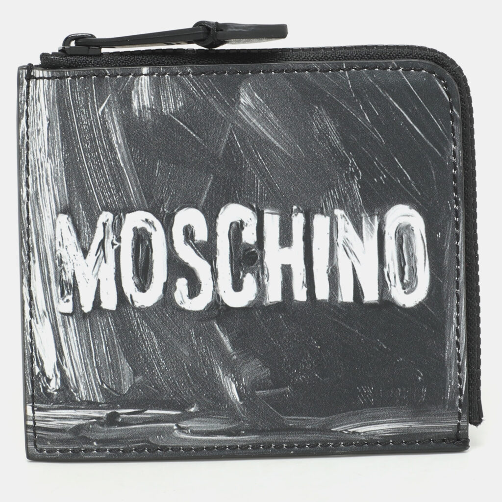 Moschino Grey Leather Logo Print Coin Purse
