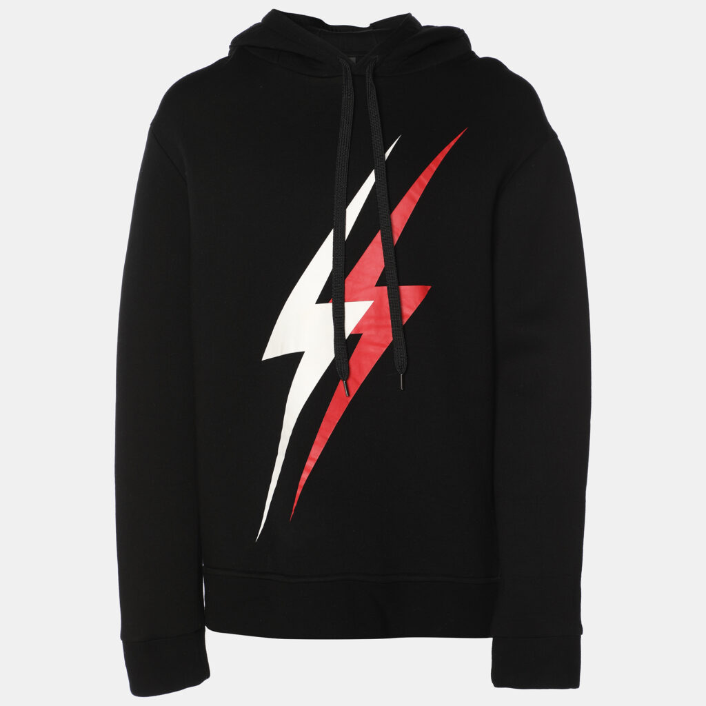 Neil Barrett Black Viscose Lightning Bolt Print Hoodie L
