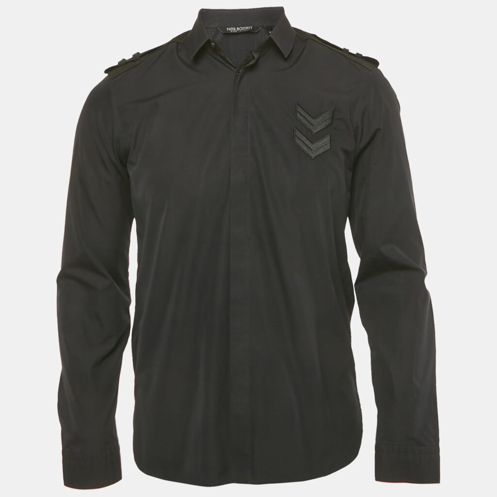 Neil Barrett Black Suede Shoulder Cotton Slim Fit Shirt S Neil Barrett Black Suede Shoulder Cotton Slim Fit Shirt S