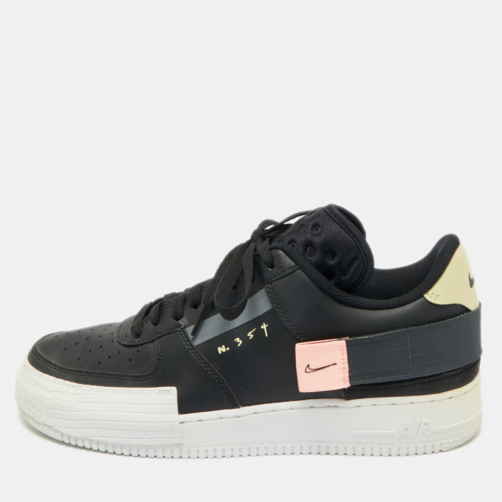 Nike Black/Beige Leather and Mesh Air Force 1 Type Sneakers Size 45.5