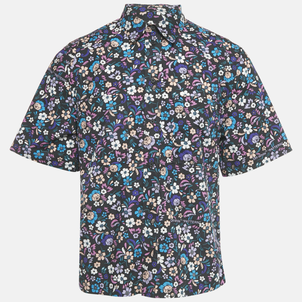 Off-White Blue Floral Print Cotton Short Sleeve Shirt M