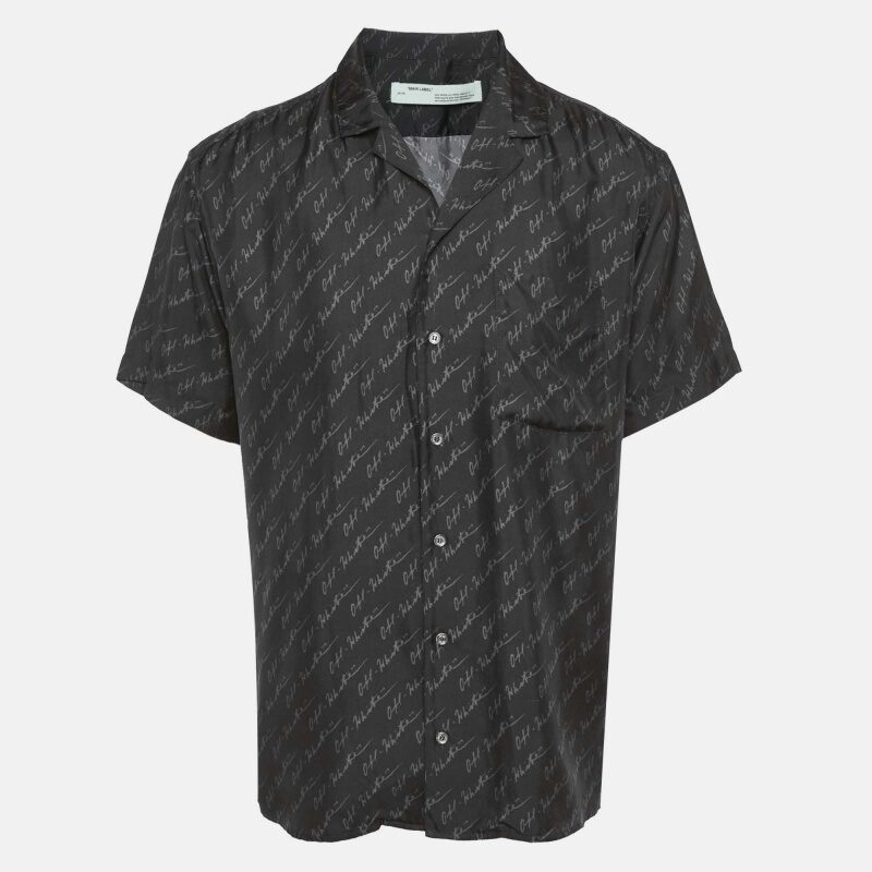 Off-White Black Logo Print Silk Button Front Shirt L Off-White Black Logo Print Silk Button Front Shirt L