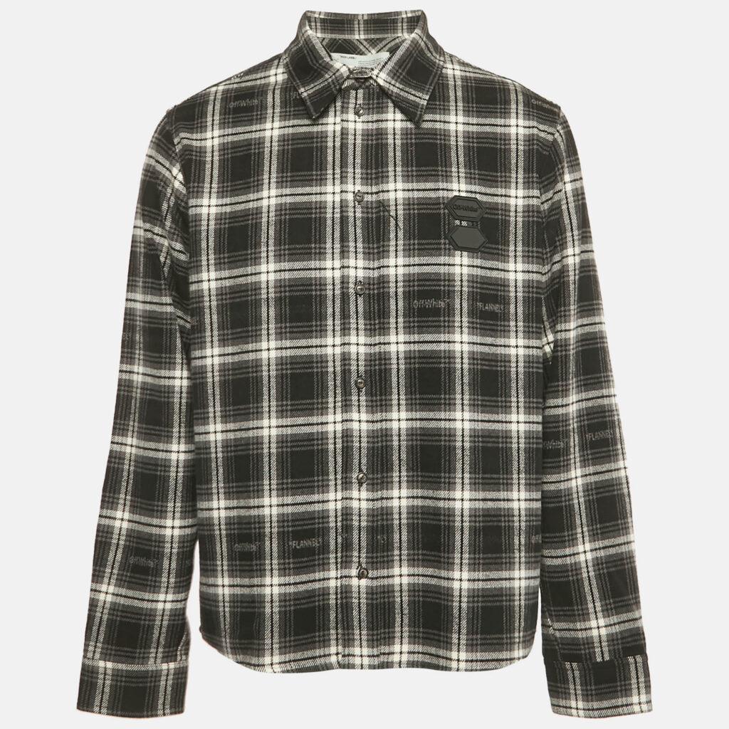 Off-White Black Flannel Cotton Blend Button Front Shirt L Off-White Black Flannel Cotton Blend Button Front Shirt L