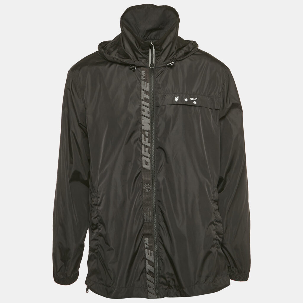 Off-White Black Logo Print Synthetic Hooded Windbreaker Jacket S Off-White Black Logo Print Synthetic Hooded Windbreaker Jacket S