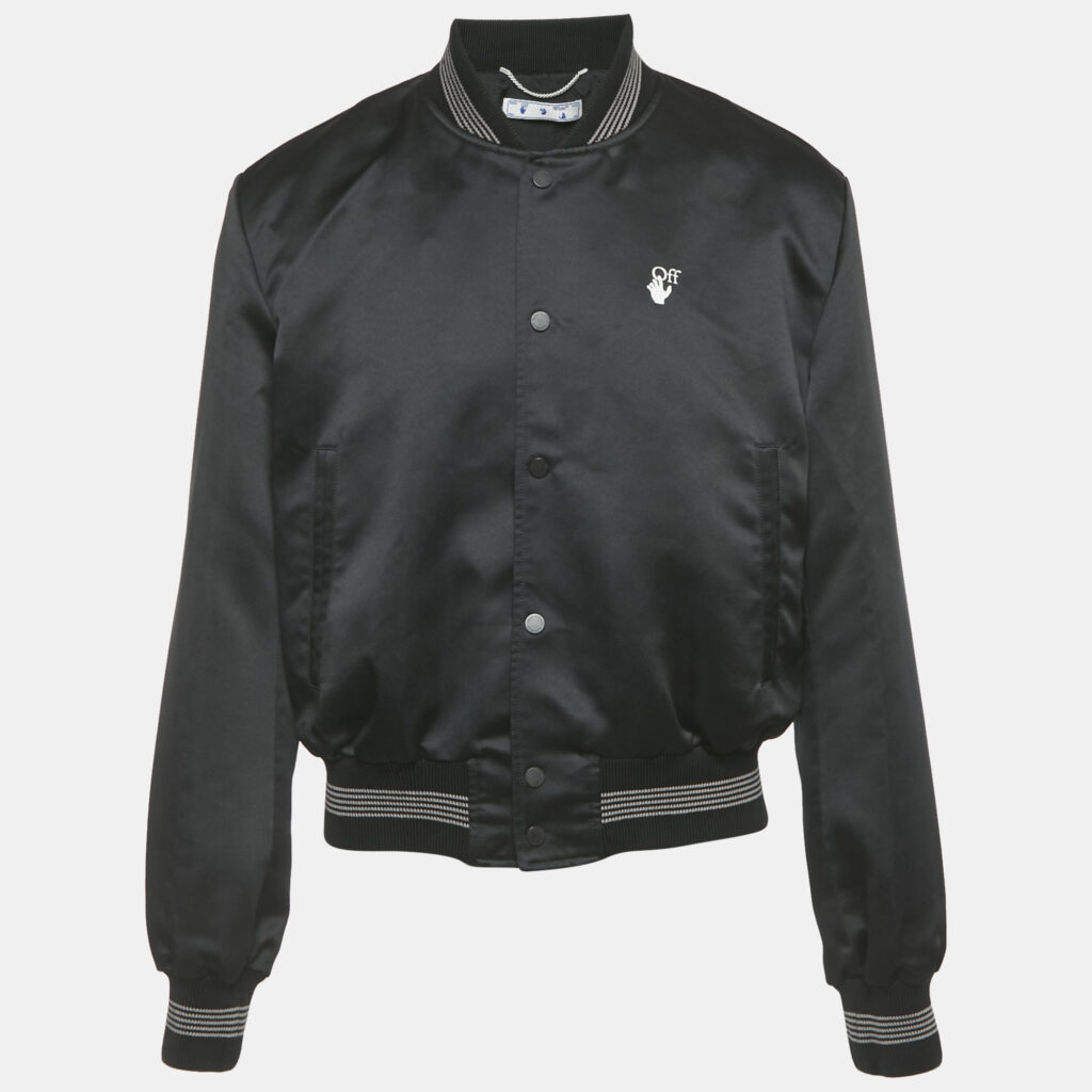 Off-White Black Logo Print Synthetic Bomber Jacket L Off-White Black Logo Print Synthetic Bomber Jacket L