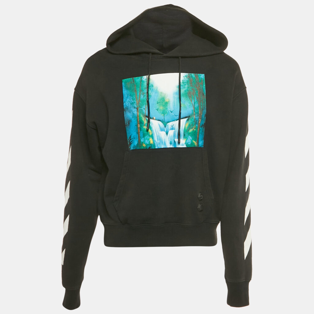 Off-White Black Waterfall Print Cotton Hooded Sweatshirt S Off-White Black Waterfall Print Cotton Hooded Sweatshirt S