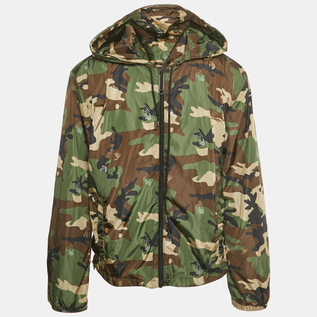 Off-White Brown Camouflage Logo Print Nylon Hooded Windbreaker Jacket L Off-White Brown Camouflage Logo Print Nylon Hooded Windbreaker Jacket L