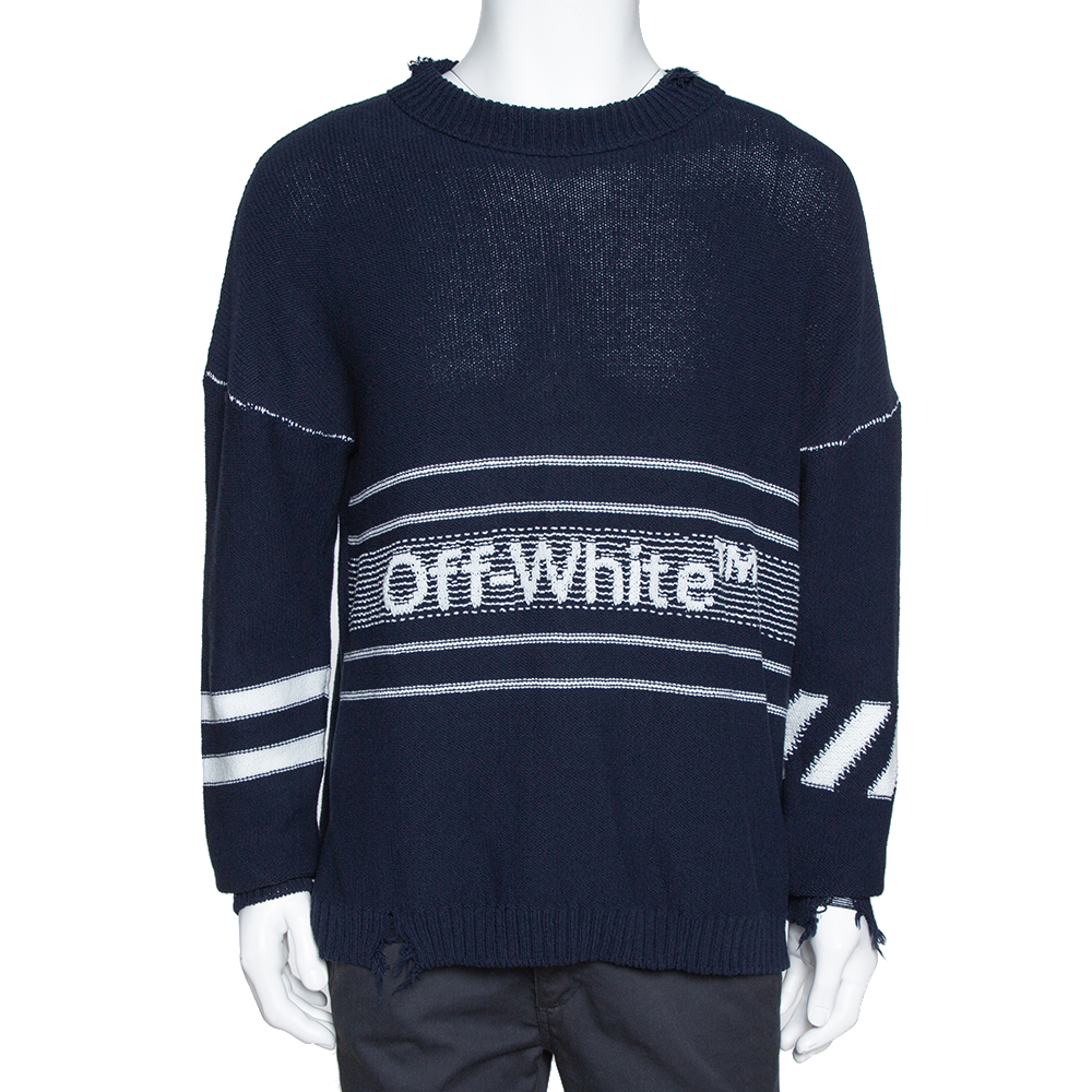 Off White Navy Blue Logo Intarsia Knit Distressed Jumper S