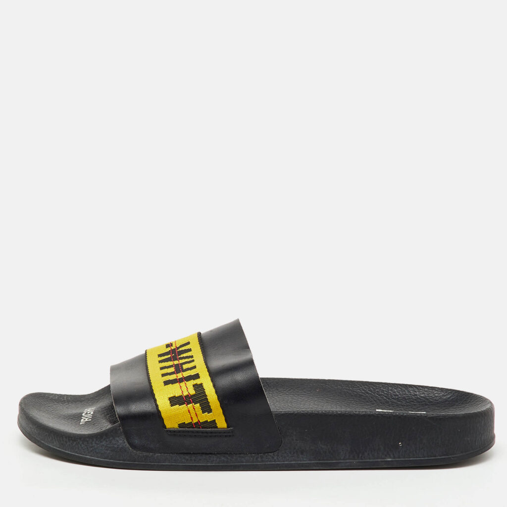 Off-White Black Leather Logo Canvas Industrial Flat Slides Size 43 Off-White Black Leather Logo Canvas Industrial Flat Slides Size 43