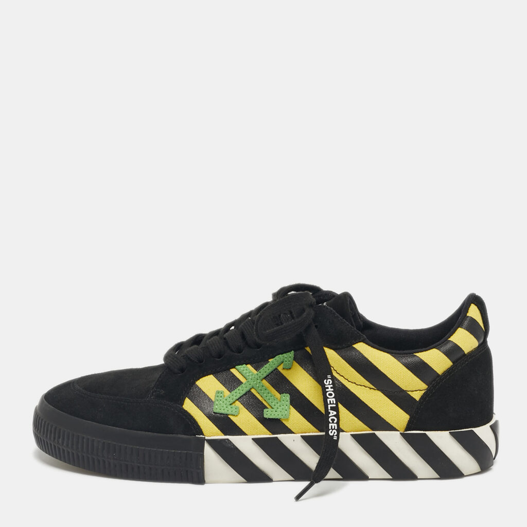 Off-White Black/Yellow Suede and Canvas Vulcanized Stripe Low Top Sneakers Size 43