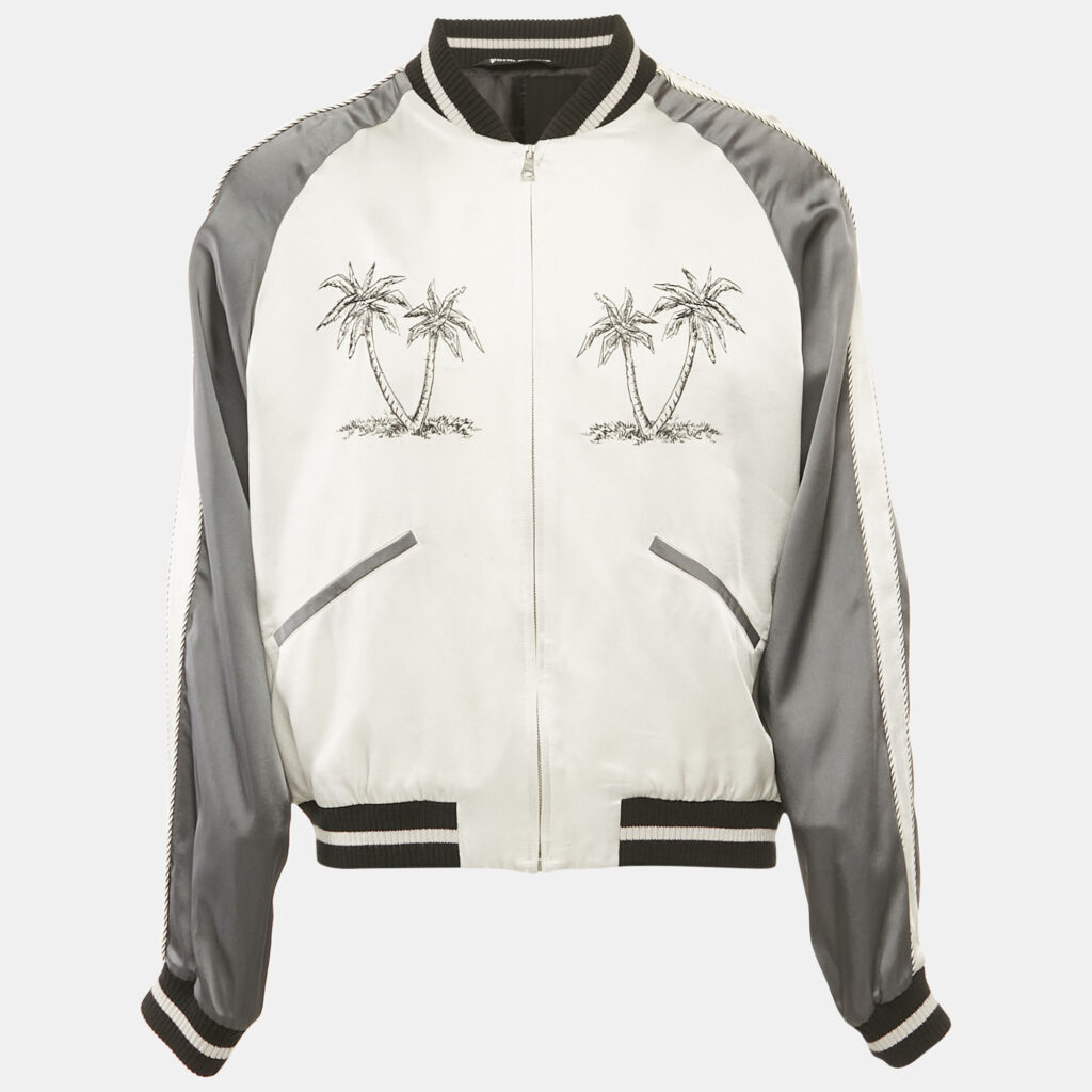 Palm Angels Grey Palm Embroidered Satin Zip-Up Bomber Jacket L