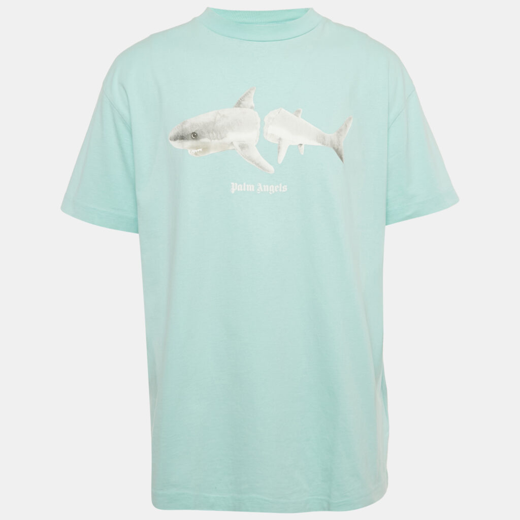 Palm Angels Gnawed Blue Shark Print Cotton T-Shirt XL