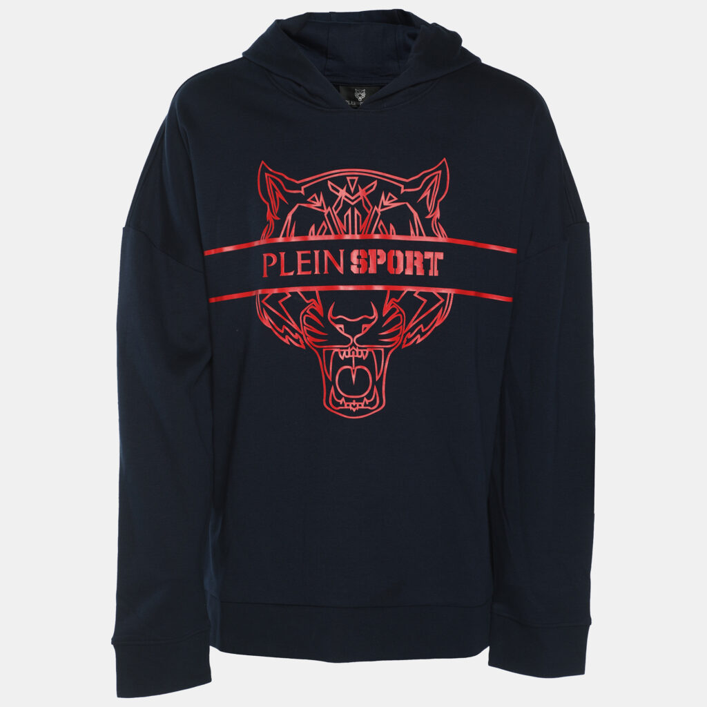Plein Sport Navy Blue Jersey Tiger Print Hoodie L Plein Sport Navy Blue Jersey Tiger Print Hoodie L