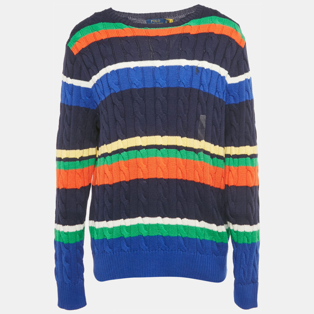 Polo Ralph Lauren Blue Striped Cable Knit Sweater L Polo Ralph Lauren Blue Striped Cable Knit Sweater L