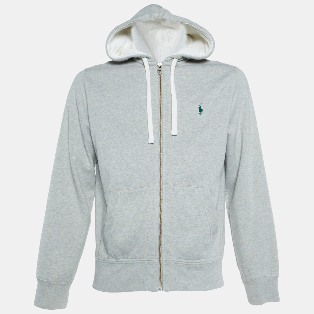 Polo Ralph Lauren Grey Cotton Knit Zip Up Hooded Jacket M Polo Ralph Lauren Grey Cotton Knit Zip Up Hooded Jacket M