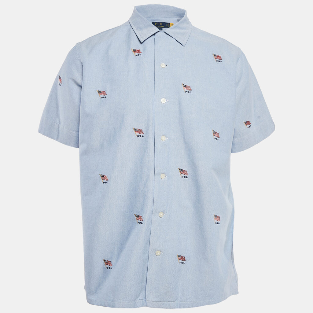 Polo Ralph Lauren Blue Flag Embroidered Cotton Half Sleeve Shirt L