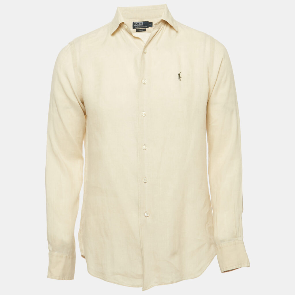 Polo Ralph Lauren Cream Logo Embroidered Linen Custom Fit Shirt S
