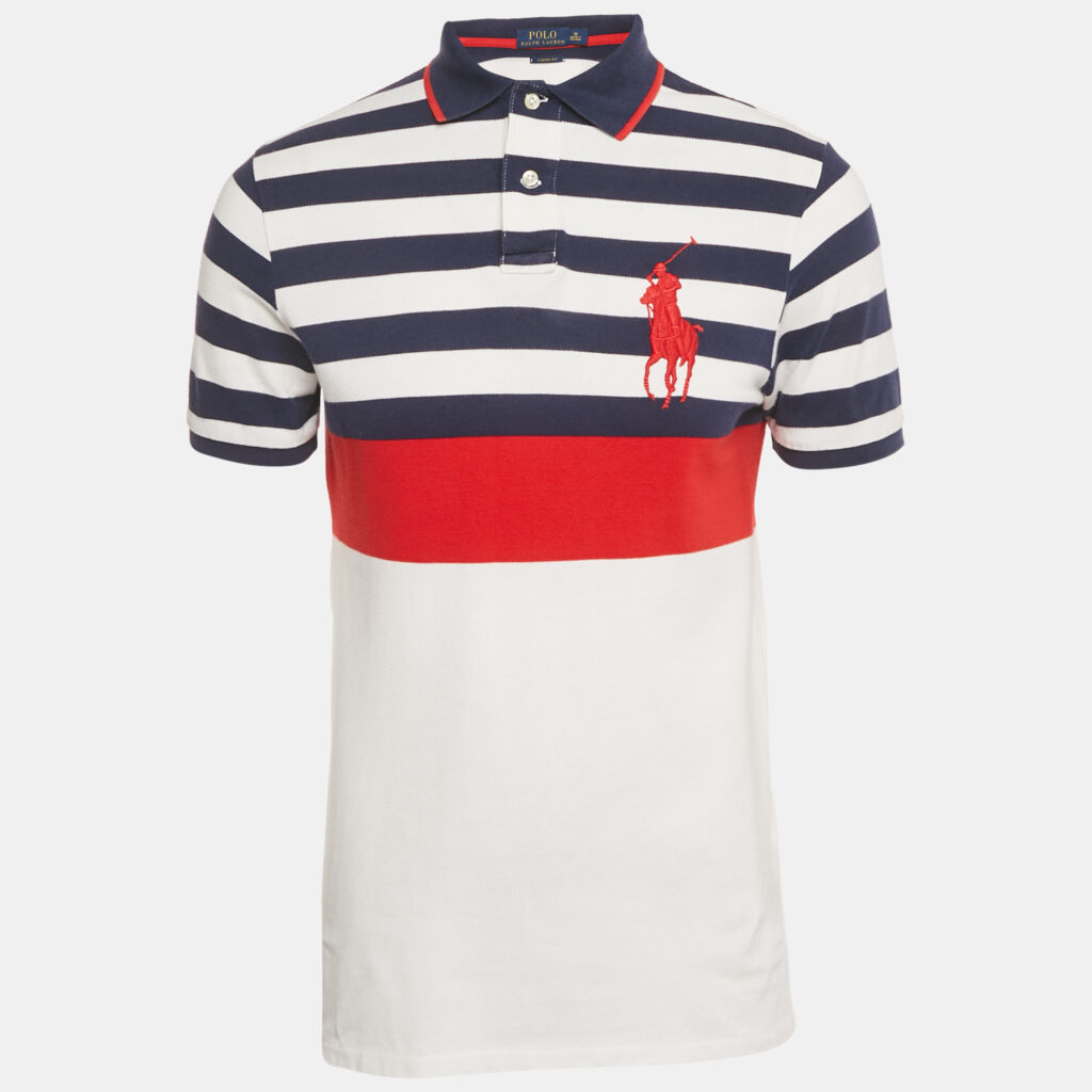 Polo Ralph Lauren White /Red Stripe Logo Embroidered Cotton Polo T-Shirt M