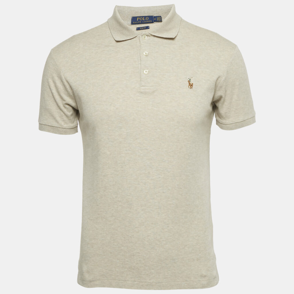 Polo Ralph Lauren Beige Mélange Logo Embroidered Cotton Polo T-Shirt M