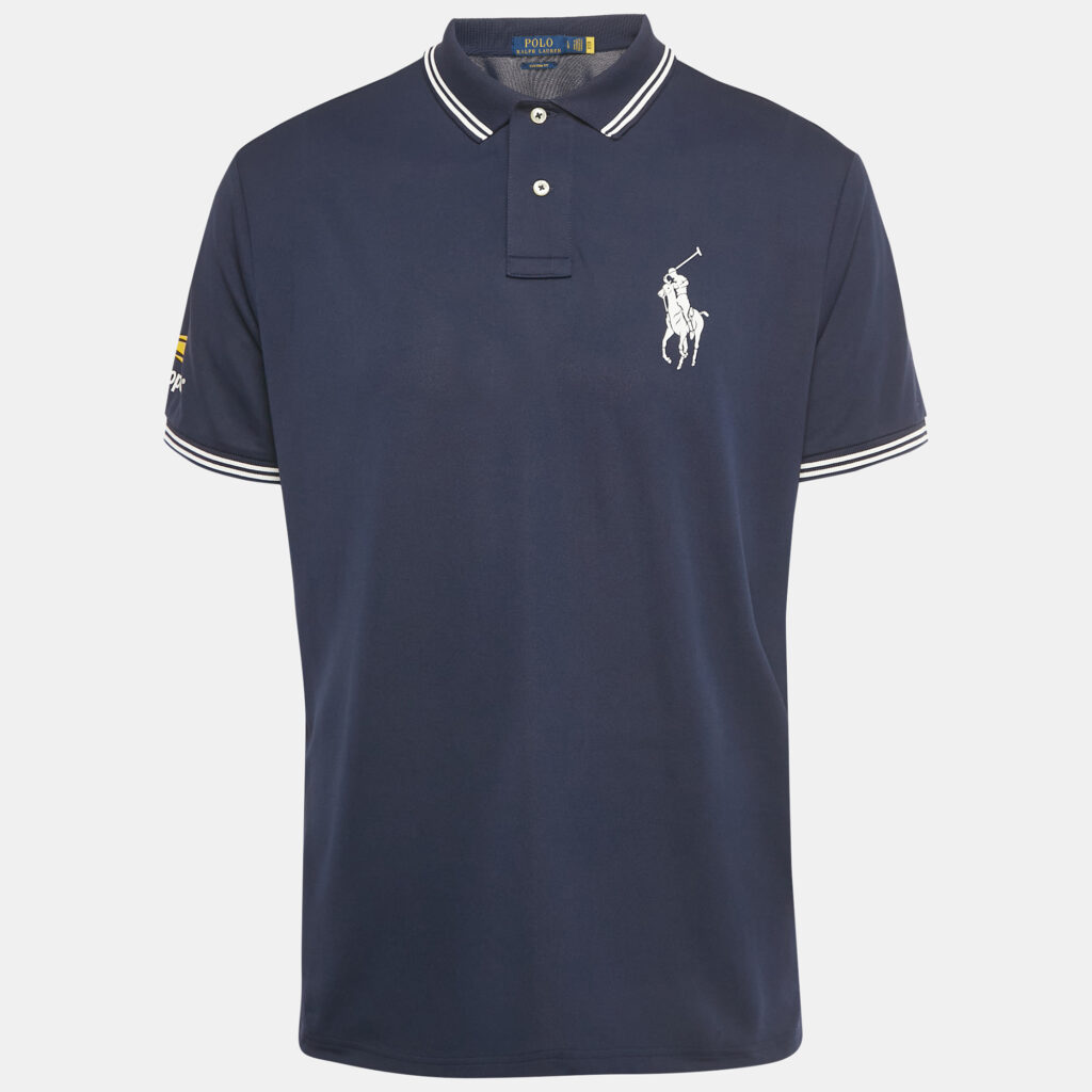 Polo Ralph Lauren Navy Blue Logo Print Jersey Polo T-Shirt L